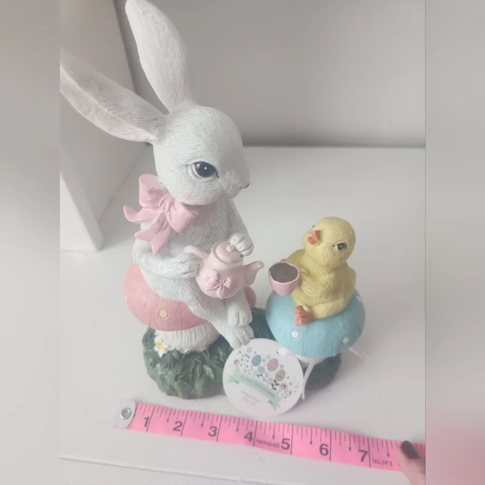 White Rabbit and Yellow Chick Sitting On Mushrooms Having Tea Figurine Resin - Picture 9 of 10